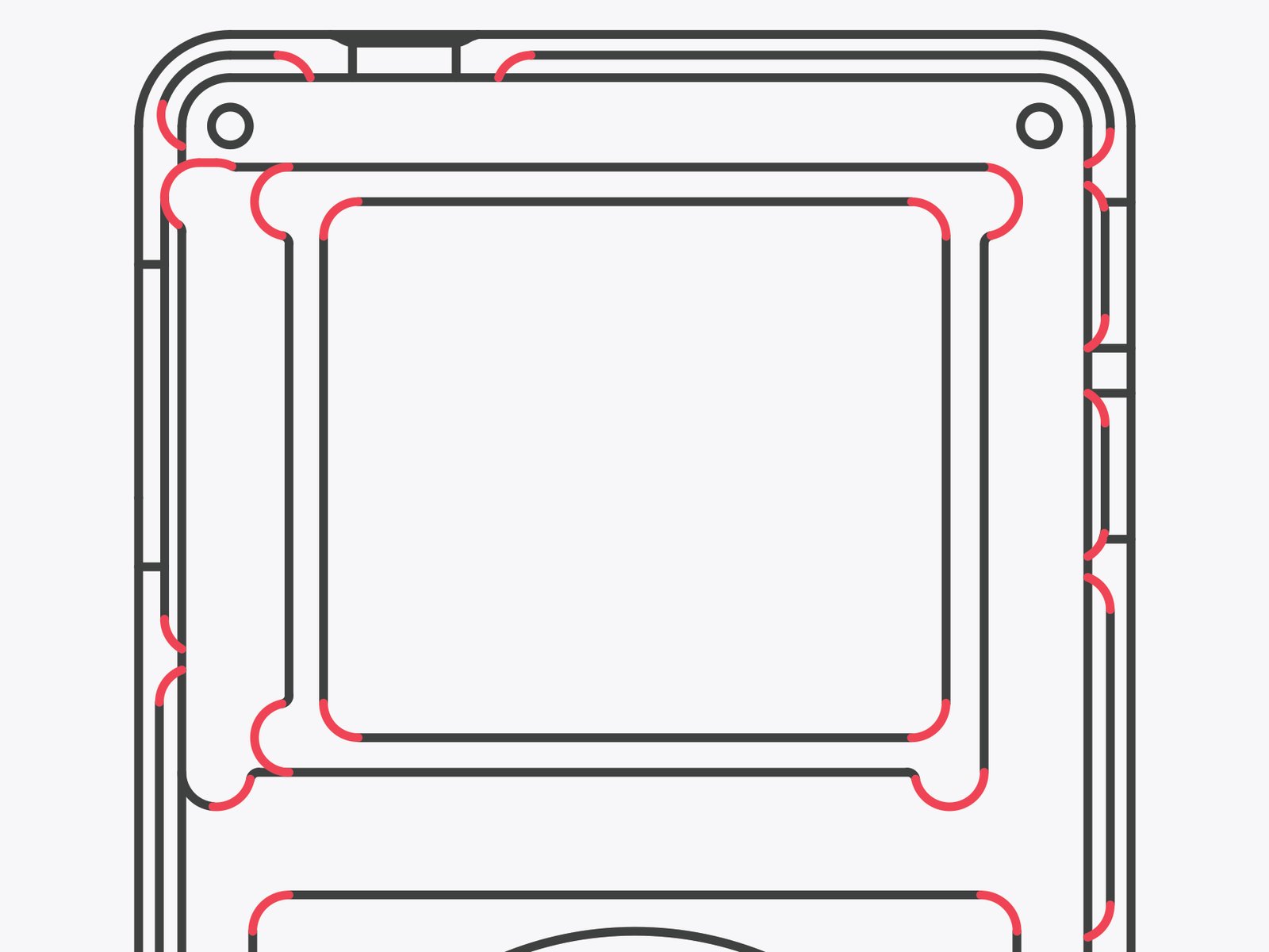 A top down view of the front shell showing the features highlighted in red.